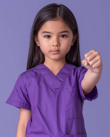 A radiant young medical student, adorned in vibrant purple scrubs, broadcasts a palpable sense of determination and unwavering resilience against a bold purple backdrop Her expressive gesture exudes confidence and strength, embodying the promise and boundless possibilities of the future generation of healthcare leaders This image captures the unwavering commitment, empowerment, and unwavering resolve of those who dedicate their lives to the noble profession of medicine AI Generativeの素材