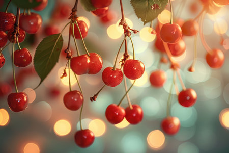Immerse yourself in the splendor of summer&#39;s harvest with this vibrant photograph Ripe red cherries glisten under the warm sunlight, suspended from verdant branches The bokeh background transforms the scene into a painterly masterpiece, capturing the essence of nature&#39;s abundant fruitfulness This image evokes the joy and abundance of the season, inviting viewers to savor the sweetness of summer&#39;s bounty AI Generativeの素材