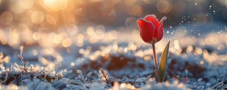 Behold the ethereal beauty of a delicate red tulip, its petals gently unfurling amidst glistening dew at dawn Set against a vibrant spring garden, its vibrant hue exudes serenity and fragility Warm sunlight illuminates the scene, casting a soft glow upon the flower's intricate veins A gentle bokeh effect adds an air of etherealism, capturing the fleeting beauty of nature's ephemeral artistry AI Generativeの素材