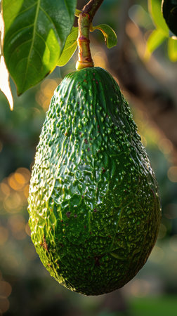 Capture the essence of nature's bounty with this close-up photograph of a perfectly ripe avocado hanging on a tree branch The avocado's smooth, emerald-green skin glows in the sunlight, hinting at its rich, creamy texture The background is a blur of vibrant orchard foliage, offering a glimpse into the verdant setting where this organic wonder was nurtured This image embodies the freshness and purity of nature's produce, making it an ideal choice for food photography, health and wellness imagery, or any project seeking to showcase the abundance of nature AI Generativeの素材