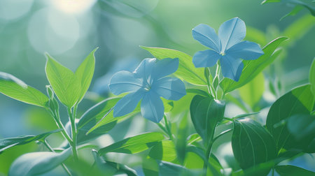 Immerse yourself in the tranquil ambiance of a serene morning bloom Azure flowers dance gracefully against a verdant backdrop, their delicate petals kissed by the warm glow of the morning sun Lush green leaves whisper secrets in the gentle breeze, creating a symphony of tranquility that invites you to escape into a realm of serenity AI Generativeの素材