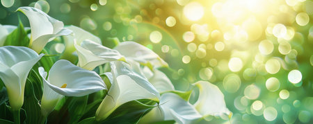 Immerse yourself in the serenity of radiant calla lilies, bathed in soft sunlight that casts a luminous aura The delicate petals unfurl with grace and elegance, dancing amidst glistening bokeh that creates a harmonious interplay of light and color This tranquil botanical scene captures nature's beauty, inviting you to find solace and wonder in its quiet elegance AI Generativeの素材