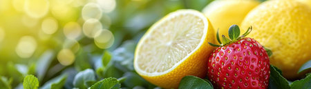 Capture the radiant blend of zesty lemon and juicy strawberries nestled amidst verdant leaves This vibrant symphony of hues and flavors invites culinary exploration, inspiring food-centric imagery with a touch of nature's essence, evoking freshness and vitality AI Generativeの素材