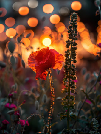 Immerse yourself in the enchanting radiance of this captivating bloom, where nature's canvas meets the ethereal glow of duskGolden bokeh dance like celestial fireflies around its delicate petals, casting a spellbinding allure Witness the magical union of floral grace and evening's embrace, a breathtaking symphony of beauty captured in an extraordinary photograph AI Generativeの素材