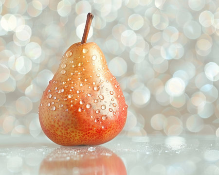 Indulge in the enchanting allure of a captivating pear, artfully adorned with shimmering water droplets Set against a radiant background, this exquisite image exudes an ethereal beauty perfect for adorning walls as art, enhancing the charm of home decor, or inspiring culinary creations in tantalizing food photography AI Generativeの素材