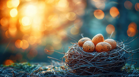 Immerse yourself in a tranquil forest sanctuary as the sun casts a warm glow at dusk A secluded bird&#39;s nest cradles delicate eggs, a testament to the fragility and beauty of nature Feel the peace and serenity as the forest whispers secrets amidst the enchanting light This captivating wildlife photograph captures the essence of the outdoors, offering a moment of tranquility in the heart of nature&#39;s embrace AI Generativeの素材