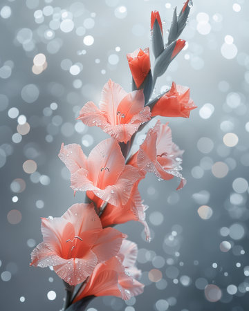 Immerse yourself in the ethereal beauty of an elegant peach gladiolus flower, its petals adorned with shimmering dew drops Against a twinkling bokeh backdrop, this nature masterpiece captures the delicate grace and serene elegance of springtime blossoms This enchanting photograph evokes a sense of tranquility, showcasing the captivating allure of nature's ephemeral wonders AI Generativeの素材