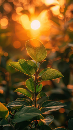 Immerse yourself in nature&#39;s symphony as sunlit green leaves dance in a golden sunset embrace Intricate veins and velvety textures come alive under the warm glow, revealing the hidden wonders of plant life Witness the magic of green and gold intertwined, a captivating spectacle that celebrates the beauty and serenity of nature&#39;s embrace AI Generativeの素材