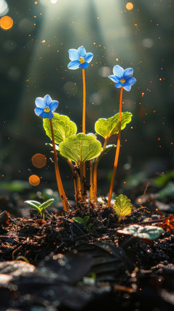 Witness the enchanting beauty of vibrant blue flowers bathed in sunlight, their delicate petals adorned with shimmering dew Amidst a carpet of lush green leaves on the serene forest floor, this captivating close-up reveals nature's intricate splendor and the tranquility it evokes AI Generativeの素材