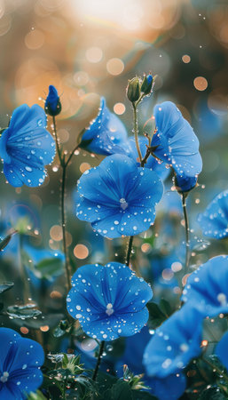 Immerse in a breathtaking close-up of delicate blue flowers glistening with morning dew The soft bokeh background creates an ethereal ambiance, highlighting the intricate petals and shimmering droplets Capture the beauty of nature&#39;s artistry as the autumn light illuminates the scene, revealing the subtle grace and ephemeral magic of these blooms AI Generativeの素材