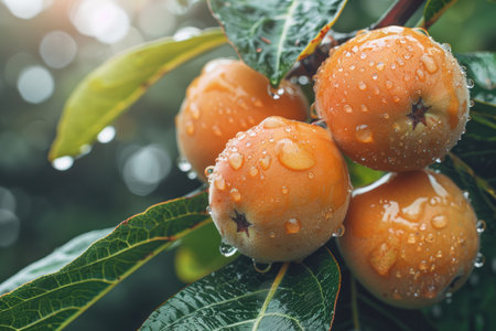 Capture the vibrant beauty of ripe loquat fruits glistening with morning dew Nestled amidst lush, green leaves, these succulent fruits bask in the warm sunlight Their vibrant orange hue commands attention, while the shimmering droplets evoke a sense of freshness and vitality This stunning close-up showcases the exquisite textures and colors of nature&#39;s bounty in a sun-drenched garden setting AI Generativeの素材