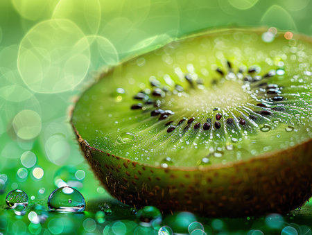 A tantalizing macro shot of a kiwi fruit slice, its emerald-green flesh adorned with tiny black seeds Water droplets glisten on its surface, reflecting the twinkling lights of a festive backdrop This vibrant image captures the juicy, refreshing essence of the fruit, making it an eye-catching addition to any food, nature, or culinary photography collection AI Generativeの素材