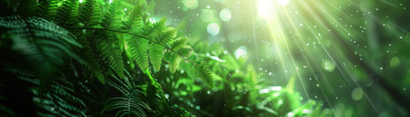 Immerse yourself in the serene embrace of a sunlit forest, where delicate ferns unfurl beneath a canopy of foliage Dewdrops glisten like diamonds, reflecting the warmth of the morning light The ethereal bokeh background invites you to lose yourself in the tranquility of nature's awakening, providing a captivating canvas for photographers and nature lovers alike AI Generativeの素材