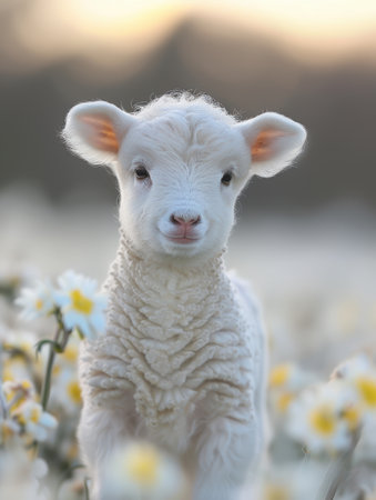 Behold the captivating sight of a newborn lamb, standing tall amidst a vibrant field of cheerful daisies The gentle breeze caresses its soft, white wool, creating a playful dance in the warm sunlight of spring Surrounded by an array of colorful blooms, the lamb's eyes gleam with innocence, radiating the joy and wonder of new life in nature's embrace AI Generativeの素材
