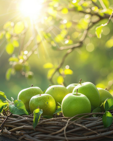 Behold the tranquil beauty of this orchard basket Underneath the morning sun, freshly picked green apples gleam with energy Their vibrant presence and the serene ambiance they reside in symbolize the hope and promise of nature&#39;s bountiful harvest AI Generativeの素材