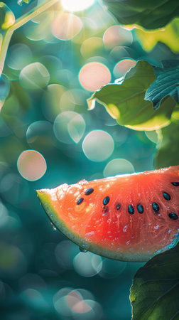 A captivating slice of ripe watermelon, its juicy crimson flesh glistening under the golden rays of sunlight Dewdrops adorn the emerald-green leaves, sparkling like tiny diamonds A bokeh background creates an ethereal atmosphere, highlighting the summery vibes and the refreshing essence of nature This photograph captures the beauty of a blissful summer day, inviting viewers to savor the sweet taste of watermelon and revel in the tranquility of a sunlit garden AI Generativeの素材