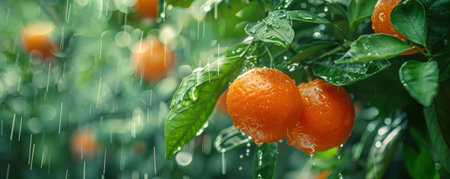 Beneath glistening raindrops, vibrant orange citrus fruits hang heavy on verdant leaves The verdant orchard exudes freshness and natural beauty, a symphony of colors and textures in the embrace of a gentle rainfall AI Generativeの素材