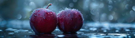 Capture the essence of nature&#39;s bounty with this stunning image of two vibrant red apples, adorned with sparkling dewdrops Against a serene blue backdrop, these juicy and refreshing fruits embody the joy of healthy eating Their crisp skin and luscious flesh evoke a desire for pure and wholesome indulgence, inspiring a balanced and nutritious lifestyle AI Generativeの素材
