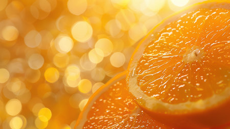 A vibrant close-up of a sliced orange against a glittering golden bokeh background evokes a sense of freshness and vitality The warm sunlight highlights the juicy segments of the fruit, inviting the viewer to savor its sweet and tangy flavor Perfect for illustrating healthy lifestyle choices and inspiring culinary creations, this image captures the beauty and versatility of fresh citrus fruit AI Generativeの素材