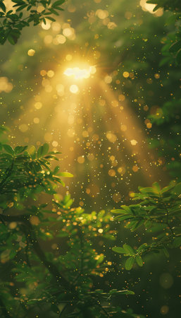 Bathed in ethereal sunlight, verdant foliage whispers secrets beneath towering trees Golden dust motes dance in the gentle breeze, casting a mystical spell This tranquil forest sanctuary invites nature enthusiasts and seekers of serenity into a world of wonder and tranquility AI Generativeの素材