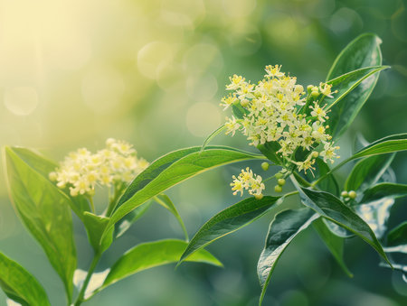 Immerse yourself in the intricate beauty of delicate white flowers, basking in the golden embrace of sunlight Set against a vibrant green tapestry, their ethereal petals unfold, inviting you to marvel at nature&#39;s exquisite artistry This captivating close-up captures the essence of botanical wonder, bringing a touch of tranquility and organic elegance to any space AI Generativeの素材