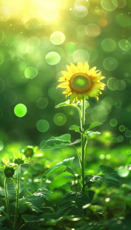 A vibrant sunflower basking in golden sunlight amidst a lush green meadow, exuding warmth and serenity This captivating image embodies the beauty of nature, inviting viewers to immerse themselves in a tranquil moment of peace and harmony, where the sunflower's radiant glow illuminates the soul and brings a sense of joy and contentment AI Generativeの素材