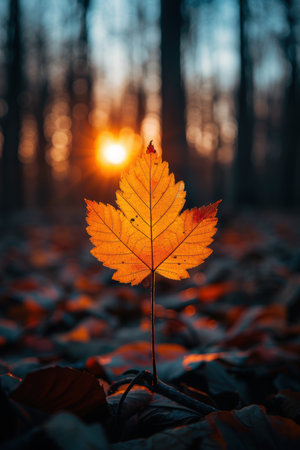 Immerse yourself in the ethereal beauty of an autumn sunset A vibrant golden maple leaf, ablaze with the setting sun&#39;s warmth, captivates the eye against a serene forest backdrop The warm glow casts an enchanting spell, inviting you to a moment of tranquility and awe-inspiring wonder AI Generativeの素材