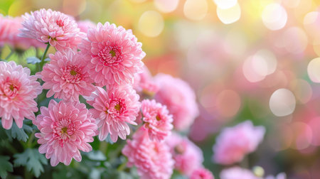 Capture the mesmerizing beauty of nature with this enchanting close-up of vibrant pink chrysanthemums in full bloom The soft sunlight casts ethereal highlights, while the bokeh background creates a dreamy atmosphere, inviting you into a world of floral elegance and tranquility This exquisite image is a testament to the captivating power of nature and a perfect addition to any collection of floral photography AI Generativeの素材