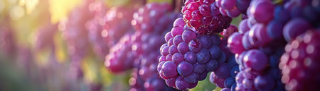 Immerse in the vibrant symphony of nature captured in this captivating close-up Plump, purple grapes hang tantalizingly from the vine, their sun-kissed hues shimmering against a blurred background of golden sunlight This image evokes the essence of agriculture and the beauty found in the tapestry of nature's bounty AI Generativeの素材