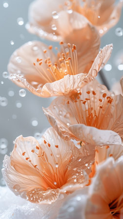 Immerse yourself in nature&#39;s delicate embrace as raindrops gently caress soft pink blossoms in this captivating close-up The ethereal beauty of water droplets adorning the petals evokes a sense of tranquility, while the vibrant hues capture the elegance of floral artistry This exquisite photostock offers a serene escape into the heart of natural grace AI Generativeの素材