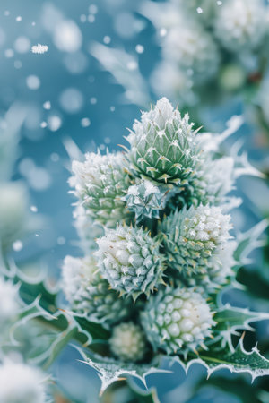 Immerse yourself in the ethereal beauty of a winter wonderland, where delicate snowflakes dance upon intricate thistles This captivating close-up unveils the frozen elegance of nature, with snow-covered plants casting an ethereal glow Ice crystals shimmer like tiny diamonds, adorning the delicate flora Experience the serenity of a winter morning, where the pristine landscape whispers tales of winter&#39;s artistry AI Generativeの素材