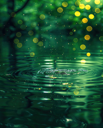 Immerse yourself in a tranquil forest symphony, where shimmering water droplets dance gracefully across a serene pond Dreamy bokeh illuminates the scene, creating an ethereal backdrop that transforms the ordinary into the extraordinary The reflections of lush green foliage dance upon the water&#39;s surface, inviting you to find respite, relaxation, and a profound connection with the beauty of nature AI Generativeの素材