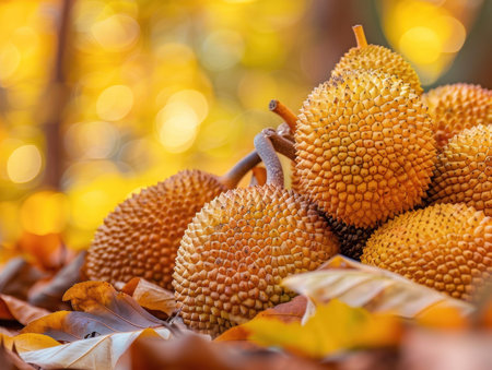 Immerse yourself in the captivating allure of autumn&#39;s embrace Spiky fruits dance amidst a symphony of vibrant leaves, their colors ablaze against a dreamy bokeh backdrop This enchanting scene captures the essence of fall&#39;s tranquil beauty, inviting you to revel in its serene splendor and the warmth of nature&#39;s artistry AI Generativeの素材
