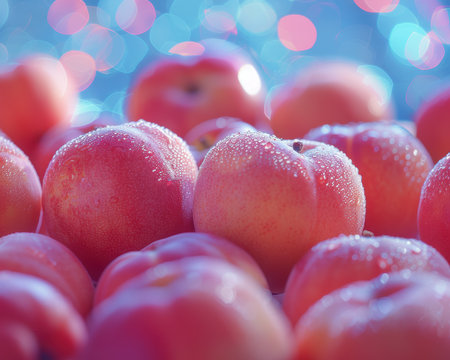 Indulge in a tantalizing spectacle of summer&#39;s finest bounty! Behold, succulent peaches, dripping with glistening dew, against an ethereal blue backdrop Each bite promises an explosion of juicy sweetness, inviting you to savor the essence of the season&#39;s harvest Capture the moment and showcase the vibrant flavors of summer with this captivating image AI Generativeの素材