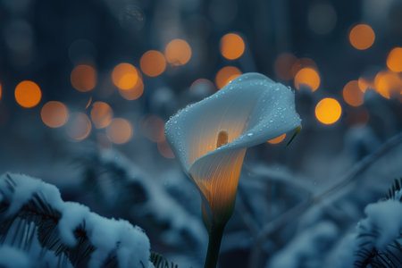 Immerse yourself in the surreal beauty of a snow-laden winter wonderland, where an ethereal lily blossom emerges from the frosty embrace, its petals shimmering with icy crystals Captured against a backdrop of twinkling warm lights, this image embodies the enigmatic contrast between nature&#39;s icy splendor and the comforting warmth of human touch, inviting us to revel in the captivating solitude and tranquility of a cold, quiet night AI Generativeの素材