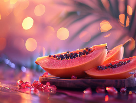 Indulge in the tropical sweetness of freshly sliced papaya adorned with its vibrant seeds This image captures the essence of a summer evening with soft bokeh lights, swaying palm leaves, and scattered pomegranate seeds on a wooden tray The papaya&#39;s juicy texture and the rich colors create a visually appealing composition that evokes the warmth and tranquility of a serene summer night AI Generativeの素材