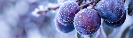 Behold the icy embrace of winter as it adorns plump plums with a delicate cloak of frost Captured in an intimate close-up, the crystallized texture shimmers like a thousand tiny diamonds, casting a mesmerizing allure The deep, rich hues of the fruit peek through the icy veil, hinting at the sweet promise within This serene wintry tableau evokes a sense of tranquility and the timeless beauty of nature's artistry AI Generativeの素材