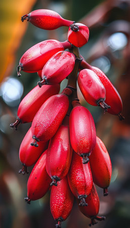 A breathtaking display of nature's vibrant hues, showcasing plump, scarlet bananas suspended amidst verdant foliage The juxtaposition of the bold red fruit against the lush emerald tapestry creates a striking contrast that captivates the eye Capturing the essence of a thriving tropical plantation, this image invites viewers to immerse themselves in the lush greenery and admire the extraordinary beauty of this exotic fruit The bananas' vibrant color and distinct shape symbolize abundance, fertility, and the vitality of the natural world AI Generativeの素材