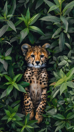 A captivating wildlife photo showcasing the playful innocence of a cheetah cub amidst lush greenery The vibrant foliage provides a stunning backdrop for this adorable creature, capturing the raw beauty and wonder of its natural habitat This image is perfect for nature lovers and wildlife enthusiasts alike AI Generativeの素材