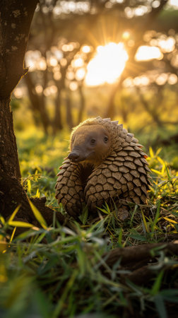 A pangolin, its scales shimmering in the golden light of sunset, finds sanctuary amidst lush, sunlit wilderness This rare glimpse of the elusive creature in its natural habitat captures the beauty and wonder of nature at its finest AI Generativeの素材