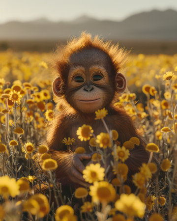 A tiny orangutan, with wide, curious eyes, sits amidst a field of vibrant yellow wildflowers as the sun sets, casting a warm glow This heartwarming scene captures the beauty and fragility of wildlife in a stunning natural habitat The perfect blend of vibrant colors and innocent wonder makes for a captivating image AI Generativeの素材
