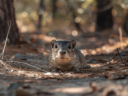 A charming ground-dwelling rodent, bathed in warm autumn light, peeks out from a bed of vibrant fallen leaves The shallow depth of field emphasizes the creature&#39;s cuteness, drawing the viewer&#39;s eye to its inquisitive gaze A perfect image for nature lovers and wildlife enthusiasts AI Generativeの素材
