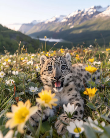 A playful snow leopard cub frolics in a mountain meadow, surrounded by vibrant wildflowers and majestic snow-capped peaks The pristine nature reserve provides a breathtaking backdrop for this adorable creature&#39;s playful antics, capturing the essence of untamed wilderness AI Generativeの素材