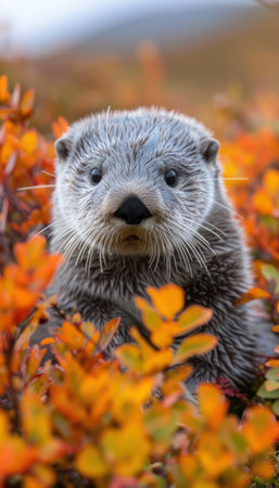 A charming otter basks in the vibrant hues of autumn, surrounded by fiery foliage Golden leaves cascade around the playful creature as it revels in the serene beauty of the season The tranquil landscape provides a picturesque backdrop for this captivating moment in nature&#39;s vibrant tapestry AI Generativeの素材