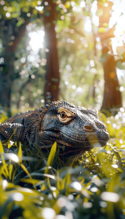 A sun-drenched forest scene captures a captivating lizard basking in the warmth Sunlight filters through the vibrant green foliage, illuminating the reptile&#39;s intricate scales and textures The lizard&#39;s alert eyes and poised posture showcase its natural beauty and grace within its serene habitat AI Generativeの素材