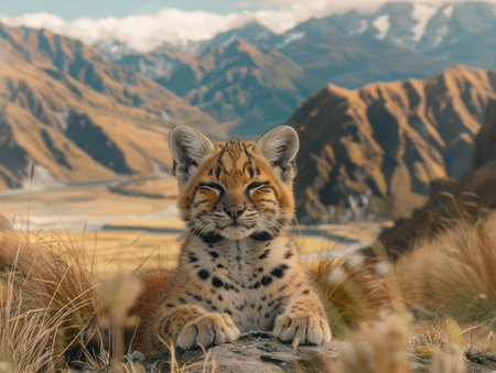 A tiny wildcat kitten, eyes sparkling with joy, explores a pristine mountain landscape Golden fields stretch towards majestic snow-capped peaks under a clear blue sky This heartwarming image captures the pure beauty and innocence of nature, a perfect blend of wildness and tranquility AI Generativeの素材