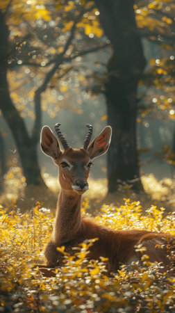 A majestic deer, bathed in soft sunlight, sits serenely amidst a tapestry of golden autumn foliage The tranquil forest, cloaked in a mystical atmosphere, creates a captivating scene, showcasing the beauty of nature and wildlife in their prime AI Generativeの素材