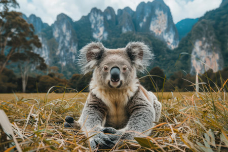 A captivating photo showcasing the serenity of the Australian wilderness An adorable koala rests peacefully in its natural habitat, with a majestic mountain backdrop providing a breathtaking setting  The vivid detail captures the essence of this iconic animal, embodying the beauty and tranquility of nature AI Generativeの素材