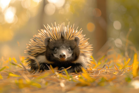 A charming porcupine finds cozy comfort amongst vibrant autumn leaves on the forest floor This captivating wildlife photograph captures the beauty of nature&#39;s golden hues and the quiet grace of this prickly creature in its natural habitat during the fall season AI Generativeの素材