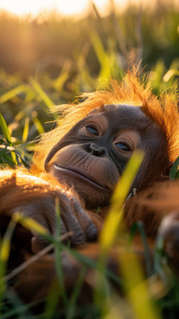 A young orangutan rests peacefully amidst the golden glow of sunset, its gentle gaze reflecting the serenity of its natural habitat This captivating portrait captures the heartwarming essence of these endangered primates, reminding us of their vulnerability and the beauty of their world AI Generativeの素材